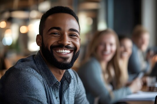 Portrait of a handsome young african american man smiling happily in a modern office space