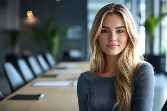 Professional young businesswoman with blonde hair looking at camera in modern office