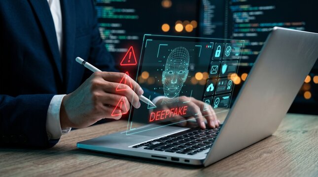 Man working on laptop with deepfake detection concept on screen