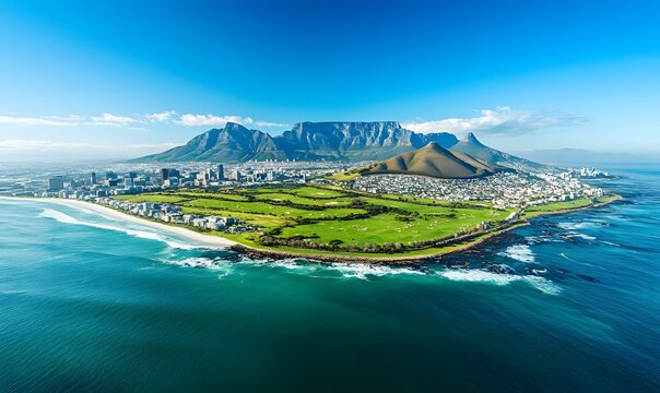 Aerial panoramic view of cape town, south africa, with table mountain and the ocean.