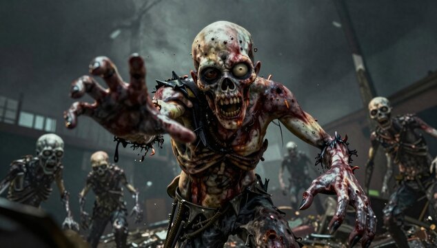 Bloody zombies stagger forward with outstretched arms in an apocalyptic scene