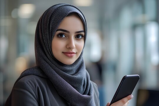 Beautiful young woman wearing a hijab holding a smartphone in a modern office building
