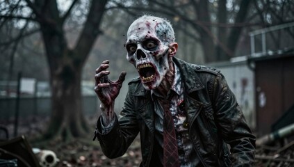 Naklejka premium Terrifying zombie with outstretched hand stalks through a blighted landscape
