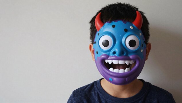 Child wears a blue devil mask with red horns against an off-white wall