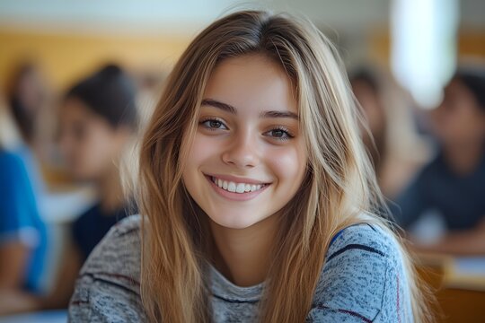 Happy teenage girl with long blonde hair smiles warmly in a classroom setting.