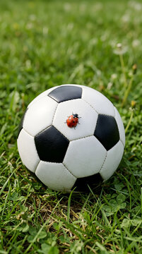 Small ladybug on a classic soccer ball in green grass