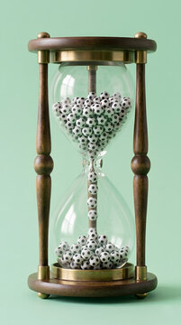 Soccer time concept with footballs falling inside an hourglass on green background, Generative AI
