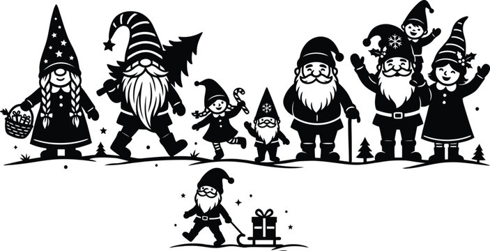 Christmas Gnome Family Silhouette On White Background