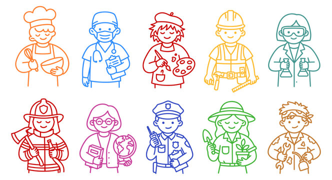 Set of Colorful Different Jobs People. Outline Professional Characters and Occupations Collection