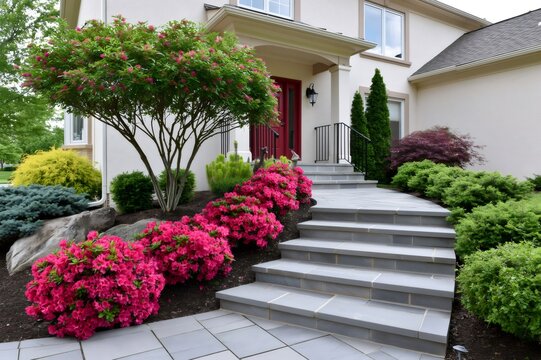 Modern home entrance with flowering azaleas and bluestone steps