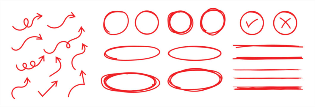 Bright red scribble ovals circle and highlight. Hand-drawn pen line highlight set. Collection of different brushstrokes, underline, arrow, check mark emphasis. Round oval scribble frame.