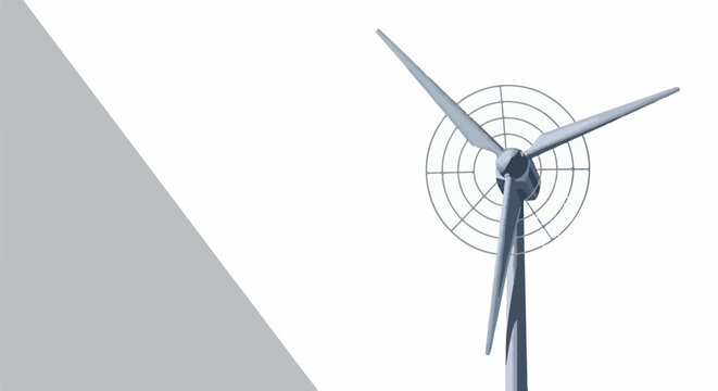 A wind turbine with three blades and a circular grid behind it