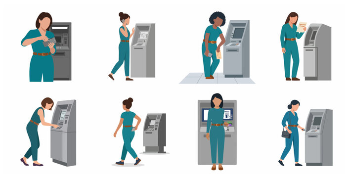 Set of flat vector illustrations of diverse women using automated teller machines for financial transactions