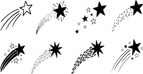 Shooting Star Trail Collection, Hand Drawn Comet and Sparkle Vector Illustration Set © Arif