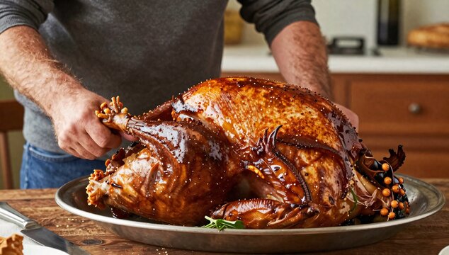 Cook prepares a glazed roasted turkey on a silver platter in a cozy kitchen setting