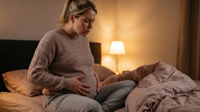 Concerned pregnant woman sitting in bed experiencing stomach pain or early labor contractions under warm lamp lighting in bedroom, depicting maternity health and pregnancy discomfort.