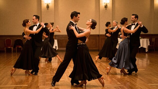 Elegant couples dancing ballroom in fancy attire within a grand hall with hardwood floors
