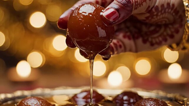 Close up of henna decorated hand picking Indian sweets.