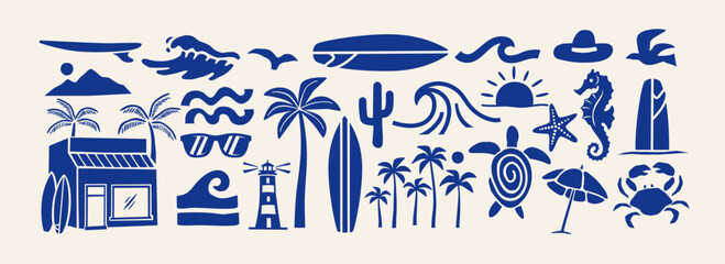 Obraz premium Tropical surf icon vector set with palm trees, waves, surfboards and beach elements. Minimal coastal illustrations perfect for summer branding, apparel and travel designs.