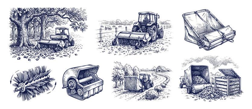 Lawn sweeper tractor leaf collector machinery sketch set illustrating autumn yard cleanup, farm equipment, compost collection, and rotating sweeper brush components in vintage engraving style illustra