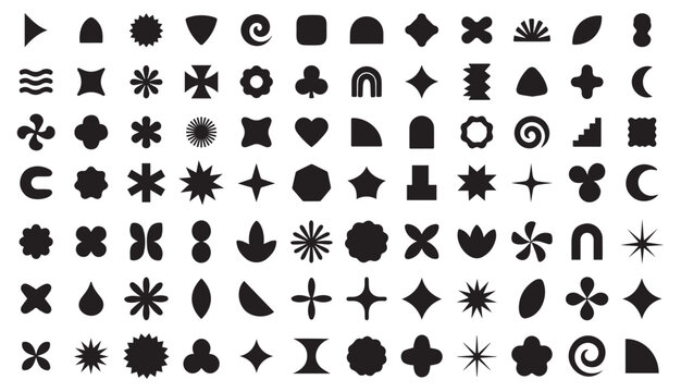 Abstract geometric shape silhouettes, black brutalism forms. Modern trendy minimalist basic figures, stars, lines and circles, memphis geometric silhouette elements vector set