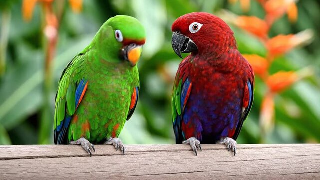 Pair of eclectus parrots perched on a branch with lush tropical foliage in the background showing vibrant plumage