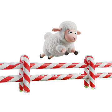 Fluffy cartoon sheep jumping over a red and white candy cane fence