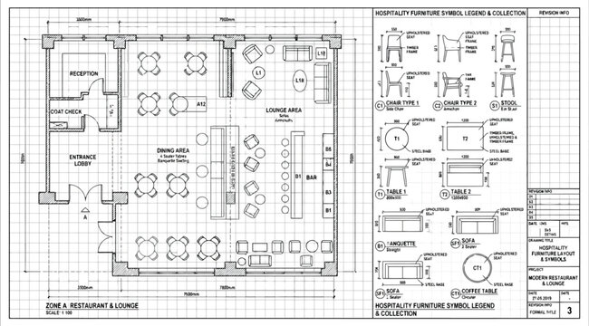 Hospitality furniture layout and design floor plan for a restaurant zone with seating arrangements and dimensions