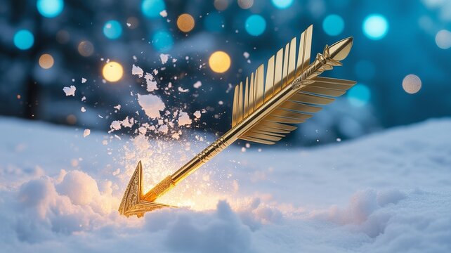 Golden arrow piercing snow with bokeh lights metal