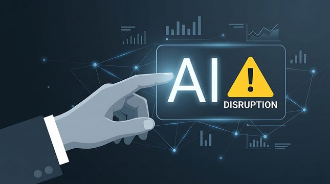 Digital hand pointing at a glowing ai disruption sign with a yellow warning triangle on a dark blue background, with connected network lines
