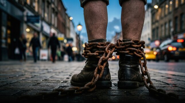Close-up of male legs wrapped in thick rusty iron chains. Person wearing leather boots stands on cobblestone road against blurred old city background. Conceptual image of restriction, realistic 3D ren