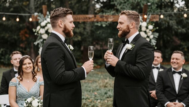 Grooms share a champagne toast during their outdoor wedding ceremony with friends and family present