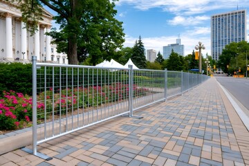 Naklejka premium Metal fence barriers along Toronto city sidewalk