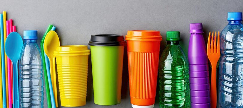 Disposable plastic office waste arranged in a neat line on pale gray background