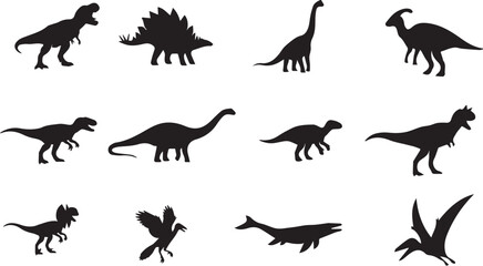 Set of black silhouette featuring various dinosaur species, prehistoric reptiles, flying pterosaurs, and long-necked sauropods isolated on a white background © Vector Vault