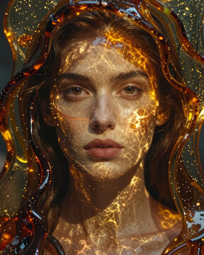 Close-Up Portrait Framed by Glowing Amber Glass with Light Pattern on Face