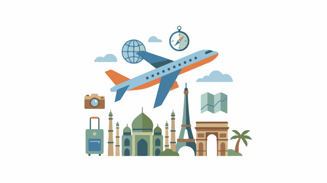 Colorful travel illustration with airplane, landmarks, and travel accessories