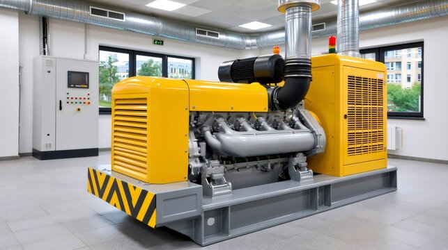 Industrial yellow diesel generator powering electricity supply