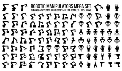 Naklejka premium Robot Arm Vector Silhouette Set Industrial Automation Collection