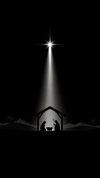 Nativity scene silhouette under star with dark background