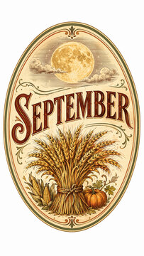 Vintage illustration of September harvest season with full moon