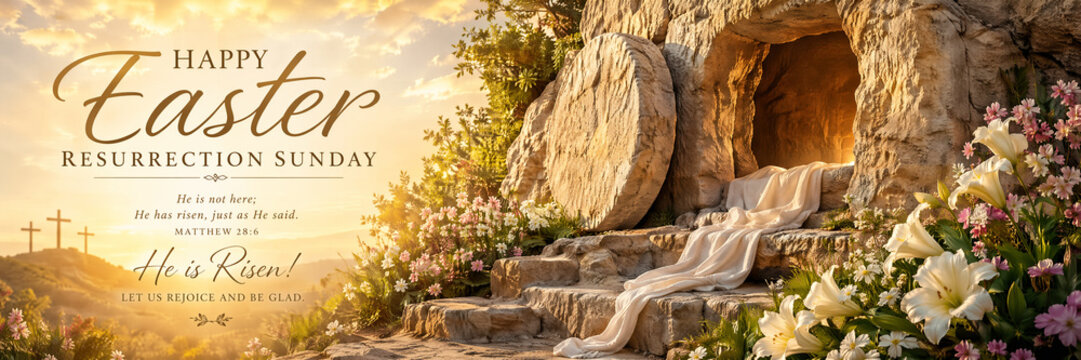 Easter Sunday sunrise with empty tomb and flowers celebrating resurrection