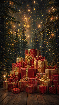 Christmas presents stacked in magical forest with golden lights