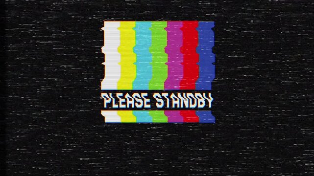 TV test pattern please stand by screen suitable for showcasing broadcast standby interruptions in presentations, videos, or graphics related to media and technology