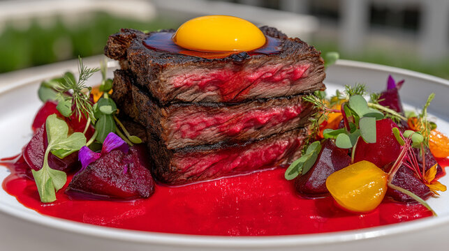 Stacked seared beef steak topped with egg yolk and beetroot puree garnish beetroot culinary