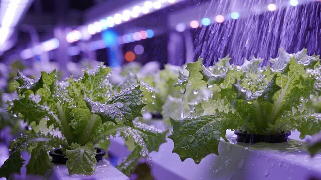 Slow motion closeup tracking tilt of lettuce plants being sprayed under purple led grow lights in indoor hydroponic greenhouse rows showing fresh controlled growth