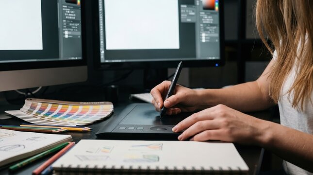 Female graphic designer using digital drawing tablet and stylus at creative studio desk with dual monitors, color palettes, and sketchbooks under moody professional office lighting.