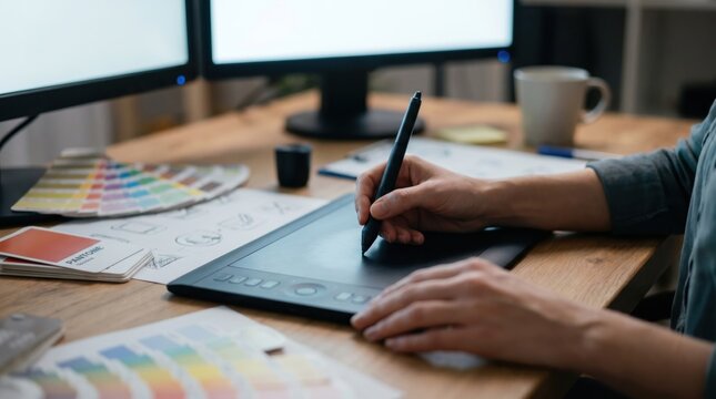 Close up of graphic designer's hands using digital drawing tablet and stylus pen at wooden desk with color swatches, computer monitors, and creative workspace tools in bright studio.