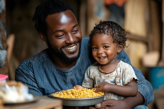 Loving african father feeding his happy young child with a bowl of food at home together