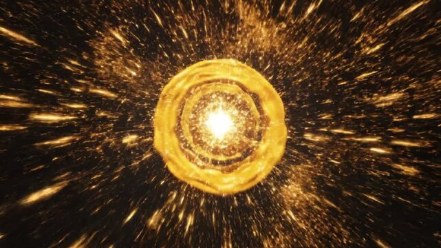 Golden molten metal exploding with sparks flying everywhere in all directions rapidly